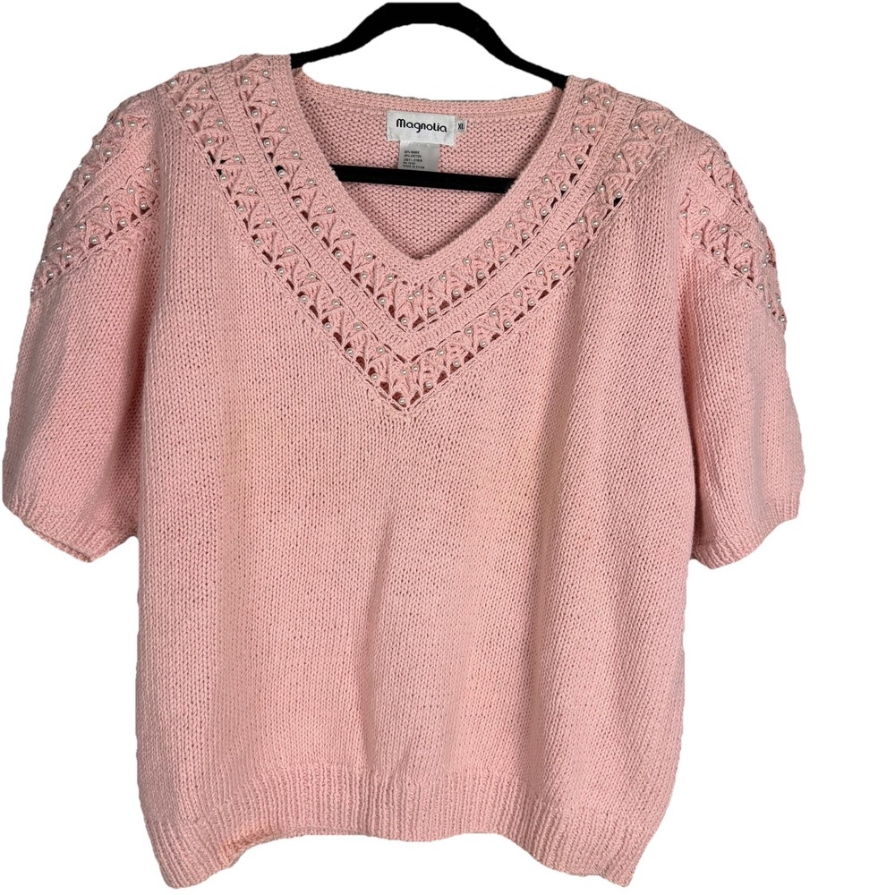 Magnolia vintage pink v-neck short sleeve sweater XL pearl detail preppy cottage